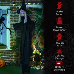 HOMCOM 6ft Outdoor Halloween Decoration Witch, Hanging Witch Prop Life Size with Sound and Motion Activated, Light Up Eyes, Talking Sound, Posable Arms - 7
