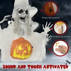 HOMCOM 6ft Outdoor Halloween Decoration Witch with Pumpkin, Hanging Skeleton Witch Prop Life Size with Sound and Motion Activated, Light Up Eyes, Laughing Sound, Posable Arms, White - 6