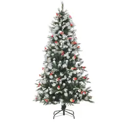 HOMCOM 6FT Artificial Snow Dipped Christmas Tree Xmas Pencil Tree Holiday Home Party Decoration with Foldable Feet Red Berries White Pinecones, Green - 1