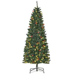 HOMCOM 6FT Prelit Artificial Pencil Christmas Tree with Warm White LED Light, Red Berry, Holiday Home Xmas Decoration, Green - 1