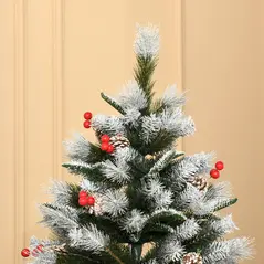 HOMCOM 6FT Artificial Snow Dipped Christmas Tree Xmas Pencil Tree Holiday Home Party Decoration with Foldable Feet Red Berries White Pinecones, Green - 8