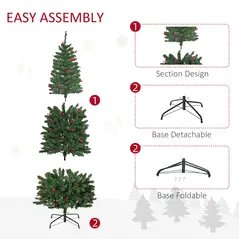 HOMCOM 6FT Prelit Artificial Pencil Christmas Tree with Warm White LED Light, Red Berry, Holiday Home Xmas Decoration, Green - 7