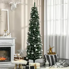 HOMCOM 6FT Artificial Snow Dipped Christmas Tree Xmas Pencil Tree Holiday Home Indoor Decoration with Foldable Black Stand, Green - 2