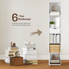 HOMCOM 6-Tier Bookcase, Tall Narrow Bookshelf with Drawer and Door - White - 4