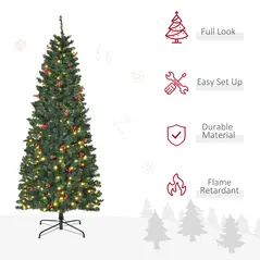HOMCOM 6FT Prelit Artificial Pencil Christmas Tree with Warm White LED Light, Red Berry, Holiday Home Xmas Decoration, Green - 4