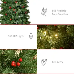 HOMCOM 7FT Prelit Artificial Pencil Christmas Tree with Warm White LED Light, Red Berry, Holiday Home Xmas Decoration, Green - 8