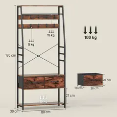 HOMCOM 6-in-1 Industrial-Style Hallway Organiser - Brown/Black - 3