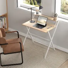 HOMCOM 81.5 cm Folding Computer Desk with Monitor Shelf - Natural Wood Finish - 7