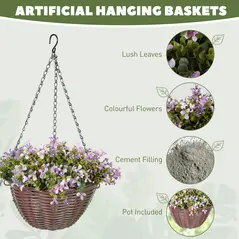 HOMCOM Artificial Flowers in Basket Set of 2, Artificial Hanging Baskets with 75 Leaves and 15 Flowers in Pot, Decorative Plant for Home Office Decor, Purple - 3