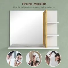 HOMCOM Bamboo Panel Bathroom Mirror, with Shelves - White - 5
