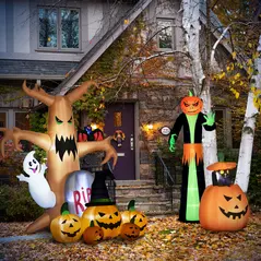 HOMCOM 9FT Inflatable Halloween Pumpkin Ghost with Build in LED,  Outdoor Lighted Blow Up Inflatables for Party Indoor, Garden, Lawn - 9