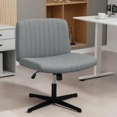 HOMCOM Armless Office Chair No Wheels, Linen Fabric Criss Cross Legged Desk Chair with Wide Seat, Thick Padding, Tilt Function, Height Adjustable Swivel Computer Seat for Home, Grey - 9
