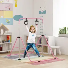 HOMCOM Adjustable Height, Foldable Kids Gymnastics Bar w/ Non-slip Rubber Floor Rings, for 3+ Years, Pink - 2