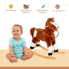 HOMCOM Baby Rocking Horse Plush Ride on Animals Rocker with Sound Handle Grip for kids 3-6 years - Brown - 4