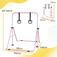 HOMCOM Adjustable Height, Foldable Kids Gymnastics Bar w/ Non-slip Rubber Floor Rings, for 3+ Years, Pink - 3
