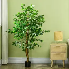HOMCOM Artificial Ficus Tree, with Weighted Plant Pot - Green - 8