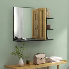 HOMCOM Bamboo Panel Bathroom Mirror, with Shelves - 7