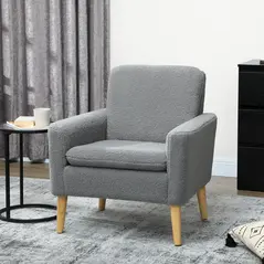 HOMCOM Armchair, Upholstered Accent Chair with Wood Legs and Wide Padded Seat, Teddy Occasional Chair, Grey - 2