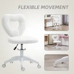 HOMCOM Armless Heart Computer Desk Chair, Teddy Fleece Swivel Office Chair, Makeup Vanity Chair with Height Adjustable, Wheels, for Home Study Bedroom, White - 6
