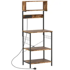 HOMCOM Bakers Rack with Power Outlet, USB Charger, Microwave Stand with Adjustable Shelves, 5 Hooks for Small Spaces, Kitchen Storage Unit for Spices, Pots and Pans, Rustic Brown - 1
