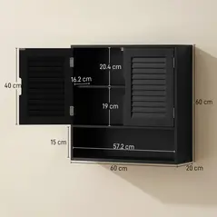 HOMCOM Bathroom Cabinet, Wall Mounted Storage Cabinet with Adjustable Shelves, 60 x 20 x 60 cm, Black - 3