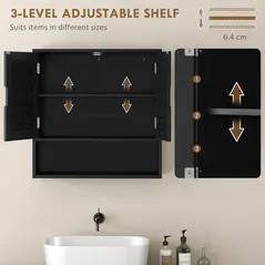 HOMCOM Bathroom Cabinet, Wall Mounted Storage Cabinet with Adjustable Shelves, 60 x 20 x 60 cm, Black - 5