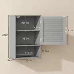 HOMCOM Bathroom Cabinet, Wall Mounted Storage Cabinet with Adjustable Shelves, 40 x 20 x 60 cm, Grey - 3