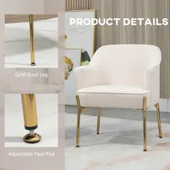 HOMCOM Accent Chair, Living Room Armchair, Vanity Chair with Gold Plating Metal Legs and Soft Padded Seat for Bedroom and Café, Set of 2, White - 5