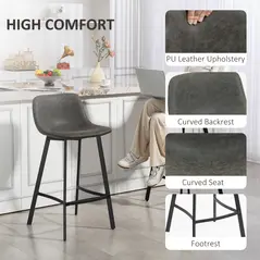 HOMCOM Bar Stools Set of 2, PU Leather Dining Stools with Backrest, Footrest, for Kitchen, Counter, Breakfast Bar, Grey - 5