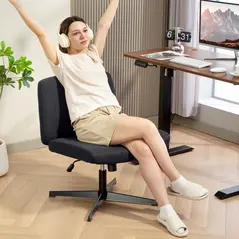 HOMCOM Armless Office Chair No Wheels, Linen Fabric Criss Cross Legged Desk Chair with Wide Seat, Thick Padding, Tilt Function, Height Adjustable Swivel Computer Seat for Home, Black - 8