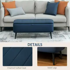 HOMCOM 92 x 31cm Linen-Look Storage Ottoman - Dark Blue - 6