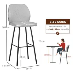 HOMCOM Bar Stools Set of 4, Linen-Touch Upholstered Bar Chairs, Kitchen Stools with Backs and Steel Legs for Dining Room, Light Grey - 7