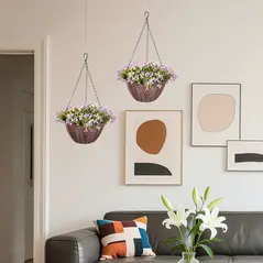 HOMCOM Artificial Flowers in Basket Set of 2, Artificial Hanging Baskets with 75 Leaves and 15 Flowers in Pot, Decorative Plant for Home Office Decor, Purple - 8