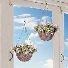 HOMCOM Artificial Flowers in Basket Set of 2, Artificial Hanging Baskets with 75 Leaves and 15 Flowers in Pot, Decorative Plant for Home Office Decor, Purple - 2