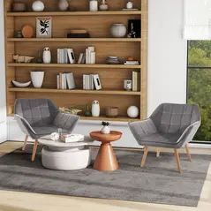 HOMCOM Armchair Accent Chair, Vanity Chair with Wide Arms, Slanted Back, Padding, Metal Frame, Wooden Legs, Home Bedroom Furniture Seating, Set of 2, Grey - 2