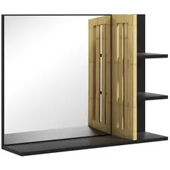 HOMCOM Bamboo Panel Bathroom Mirror, with Shelves - 1