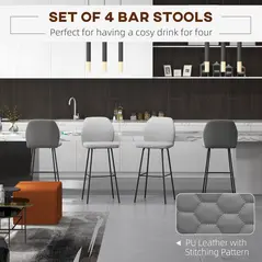 HOMCOM Bar Stools Set of 4, Linen-Touch Upholstered Bar Chairs, Kitchen Stools with Backs and Steel Legs for Dining Room, Light Grey - 4