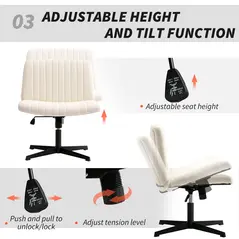 HOMCOM Armless Office Chair No Wheels, Linen Fabric Criss Cross Legged Desk Chair with Wide Seat, Thick Padding, Tilt Function, Height Adjustable Swivel Computer Seat for Home, Cream - 6