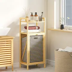 HOMCOM Bamboo Laundry Cabinet with Slatted Door, Bathroom Cabinet with Tilt-Out Hamper and Removable Liner Bag, 40 x 30D x 95 cm, Natural Wood Finish - 8