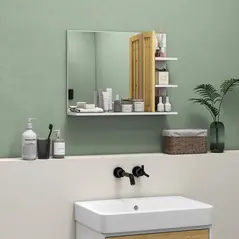 HOMCOM Bamboo Panel Bathroom Mirror, with Shelves - White - 2