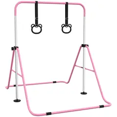 HOMCOM Adjustable Height, Foldable Kids Gymnastics Bar w/ Non-slip Rubber Floor Rings, for 3+ Years, Pink - 1