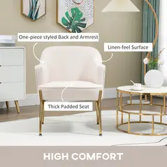 HOMCOM Accent Chair, Living Room Armchair, Vanity Chair with Gold Plating Metal Legs and Soft Padded Seat for Bedroom and Café, Set of 2, White - 4