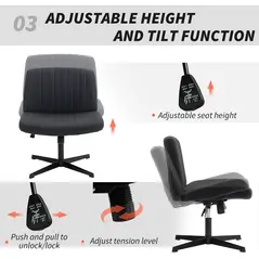 HOMCOM Armless Office Chair No Wheels, Linen Fabric Criss Cross Legged Desk Chair with Wide Seat, Thick Padding, Tilt Function, Height Adjustable Swivel Computer Seat for Home, Black - 6