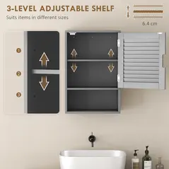 HOMCOM Bathroom Cabinet, Wall Mounted Storage Cabinet with Adjustable Shelves, 40 x 20 x 60 cm, Grey - 5