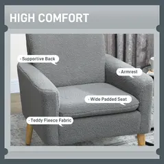 HOMCOM Armchair, Upholstered Accent Chair with Wood Legs and Wide Padded Seat, Teddy Occasional Chair, Grey - 4