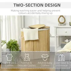 HOMCOM Bamboo Laundry Basket with Lid, 100 Litres Laundry Hamper with 2 Sections, Removable Washable Lining, Washing Baskets, 62.5 x 37 x 60.5cm, Natural - 6
