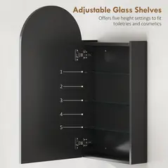 HOMCOM Arched Bathroom Mirror Cabinet with Adjustable Glass Shelves - Black - 5