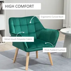HOMCOM Armchair Accent Chair, Vanity Chair with Wide Arms, Slanted Back, Padding, Metal Frame, Wooden Legs, Home Bedroom Furniture Seating, Set of 2, Green - 4