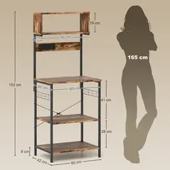 HOMCOM Bakers Rack with Power Outlet, USB Charger, Microwave Stand with Adjustable Shelves, 5 Hooks for Small Spaces, Kitchen Storage Unit for Spices, Pots and Pans, Rustic Brown - 3