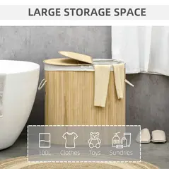 HOMCOM Bamboo Laundry Basket with Lid, 100 Litres Laundry Hamper with 2 Sections, Removable Washable Lining, Washing Baskets, 62.5 x 37 x 60.5cm, Natural - 4